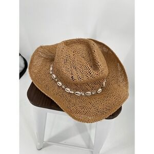 Pink Lily Straw Cowboy Hat Brown Cowrie Shell Boho Western Paper Sun Hat OS NWT